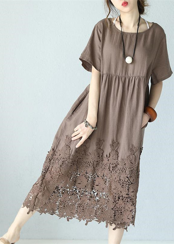 women khaki linen maxi dress Loose fitting O neck traveling dress women short sleeve baggy dresses