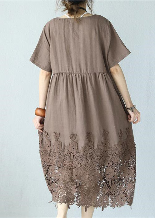 women khaki linen maxi dress Loose fitting O neck traveling dress women short sleeve baggy dresses