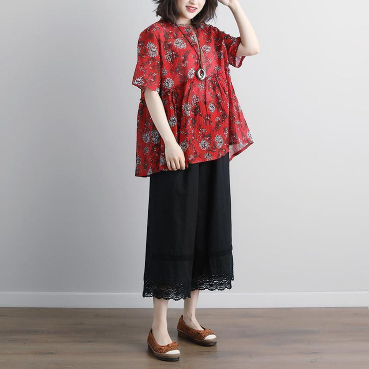 women linen tops Loose fitting Round Neck Casual Summer Short Sleeve Floral Red Blouse