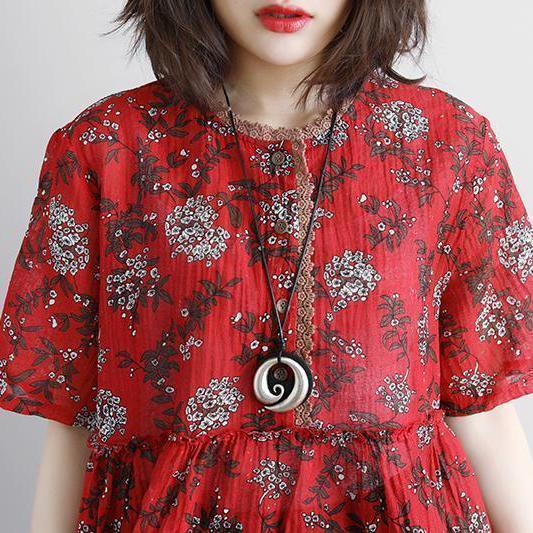 women linen tops Loose fitting Round Neck Casual Summer Short Sleeve Floral Red Blouse