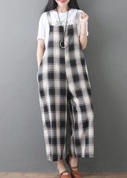 women new cotton white plaid sleeve casual jumpsuit pants - SooLinen