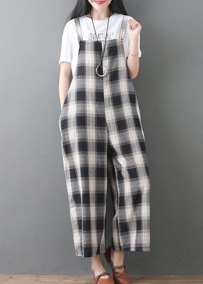 women new cotton white plaid sleeve casual jumpsuit pants - SooLinen