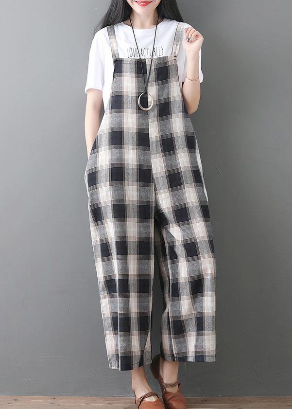 women new cotton white plaid sleeve casual jumpsuit pants - SooLinen