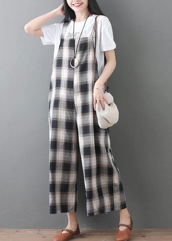 women new cotton white plaid sleeve casual jumpsuit pants - SooLinen