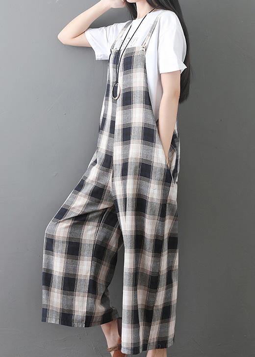 women new cotton white plaid sleeve casual jumpsuit pants - SooLinen