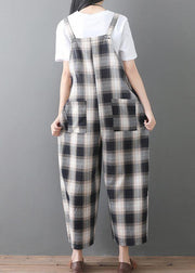 women new cotton white plaid sleeve casual jumpsuit pants - SooLinen