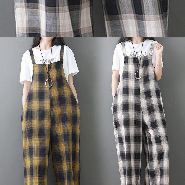 women new cotton white plaid sleeve casual jumpsuit pants - SooLinen