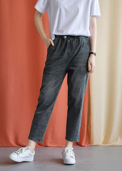 women new fall black gray cotton loose pants casual elastic waist jeans - SooLinen