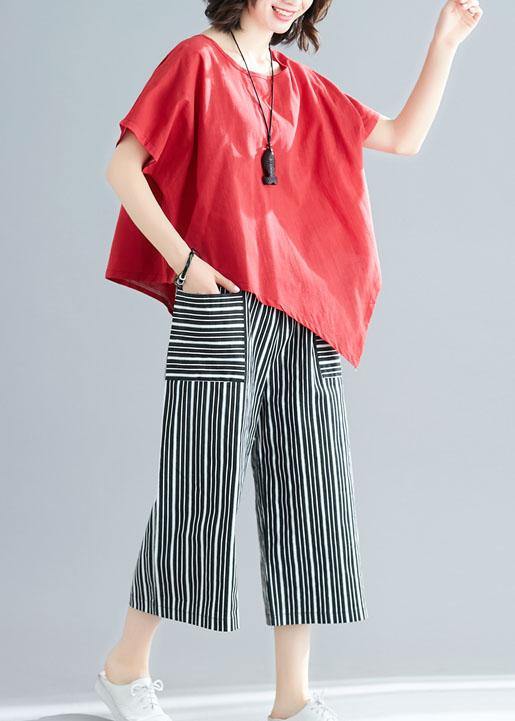 women new red casual asymmetric hem tops and striped crop pants - SooLinen