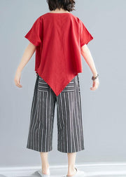 women new red casual asymmetric hem tops and striped crop pants - SooLinen