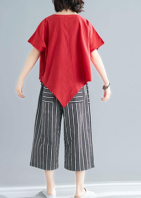 women new red casual asymmetric hem tops and striped crop pants - SooLinen