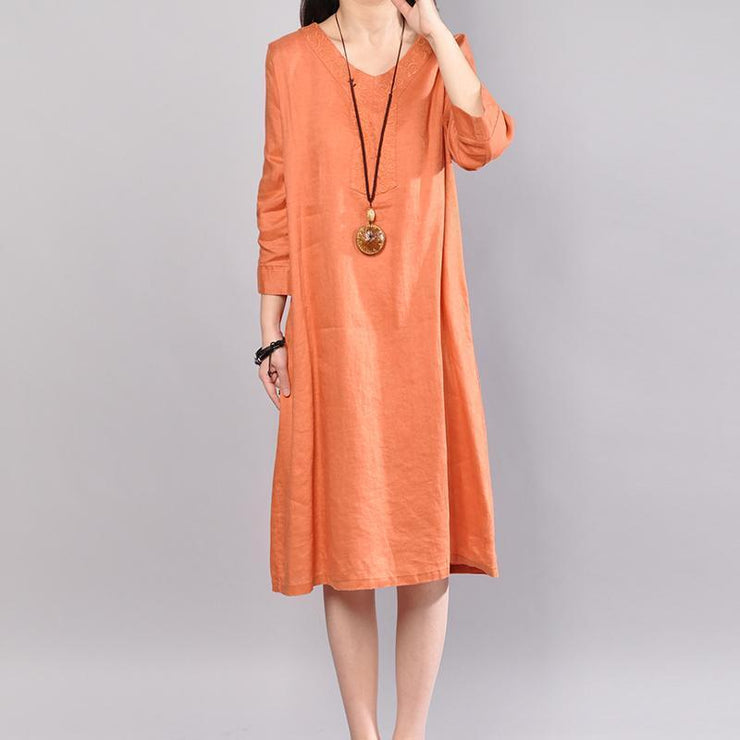 women orange linen dresses plus size clothing traveling clothing 2018 bracelet sleeved o neck cotton clothing