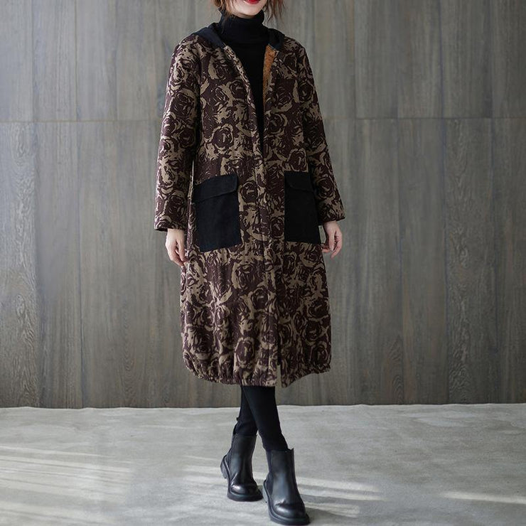 women oversize winter coats chocolate print hooded pockets coats - SooLinen