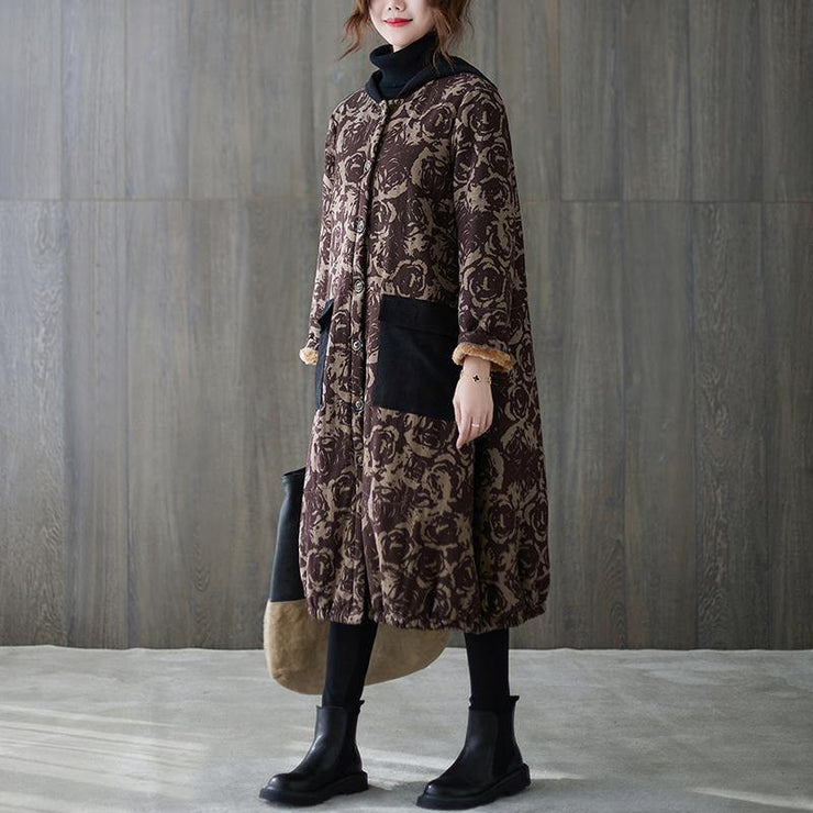 women oversize winter coats chocolate print hooded pockets coats - SooLinen