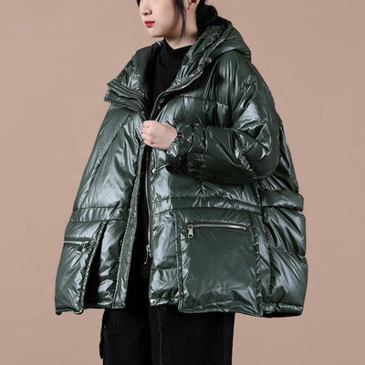 women oversize winter jacket coats blackish green hooded zippered down coat - SooLinen