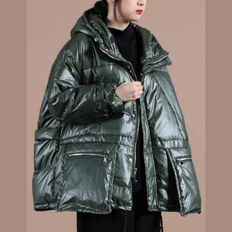 women oversize winter jacket coats blackish green hooded zippered down coat - SooLinen