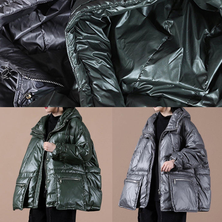 women oversize winter jacket coats blackish green hooded zippered down coat - SooLinen