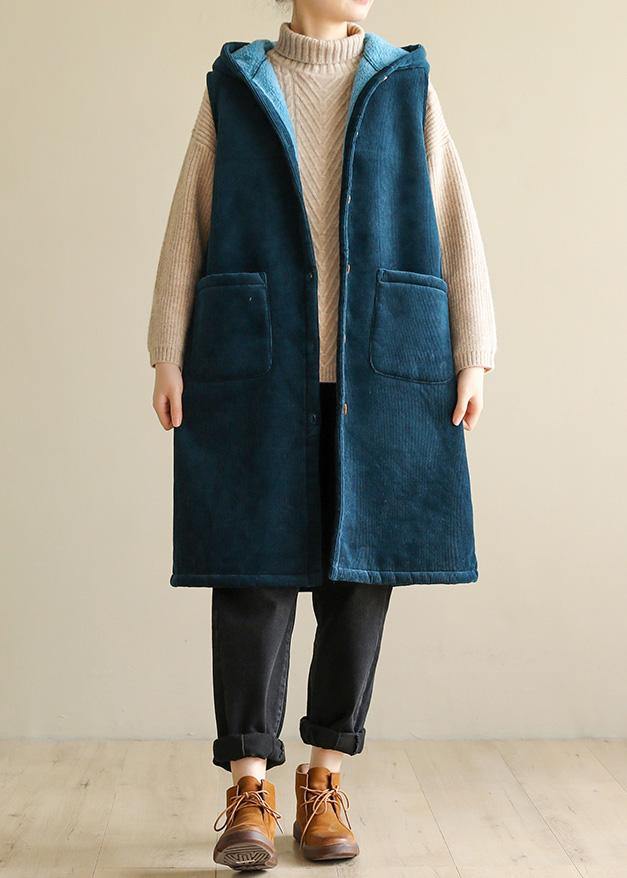 women oversized winter jacket sleeveless outwear blue hooded coat - SooLinen