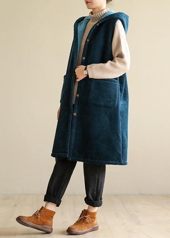 women oversized winter jacket sleeveless outwear blue hooded coat - SooLinen