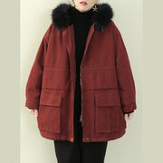 women plus size clothing winter jacket outwear red hooded faux fur collar overcoat - SooLinen