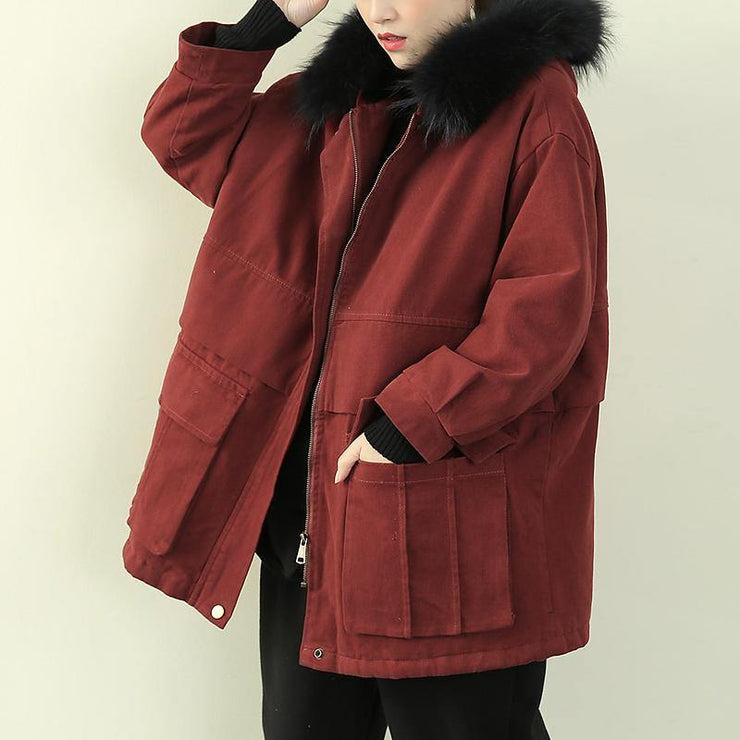 women plus size clothing winter jacket outwear red hooded faux fur collar overcoat - SooLinen