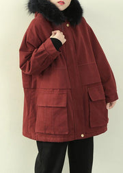 women plus size clothing winter jacket outwear red hooded faux fur collar overcoat - SooLinen