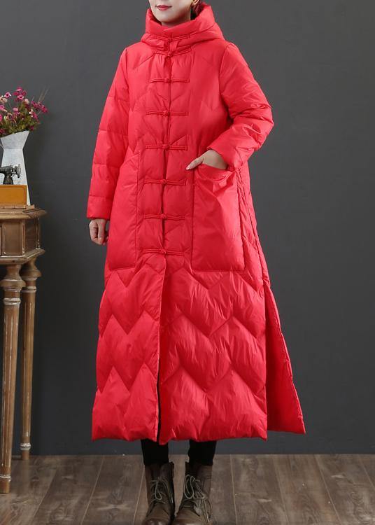 women plus size winter outwear red hooded Chinese Button duck down coat - SooLinen