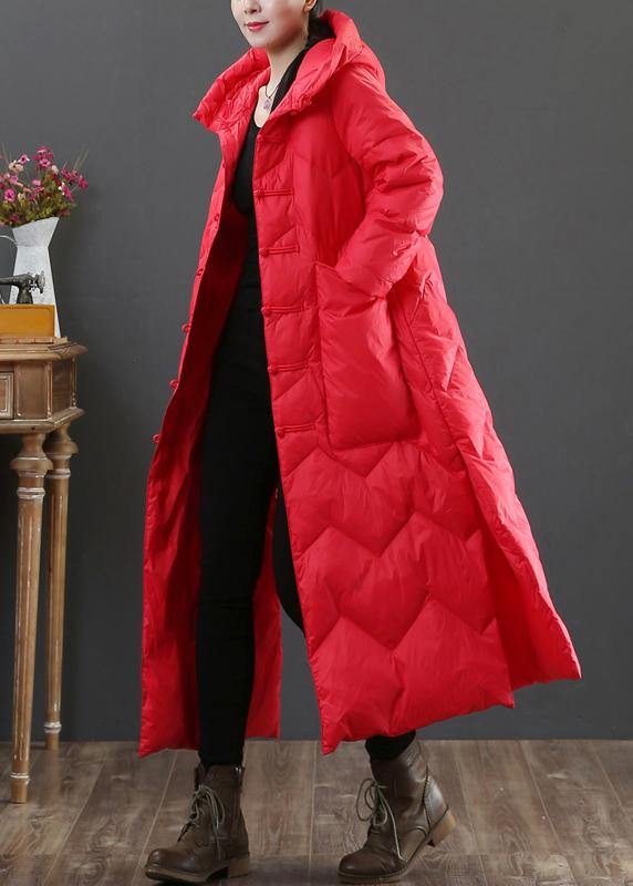 women plus size winter outwear red hooded Chinese Button duck down coat - SooLinen