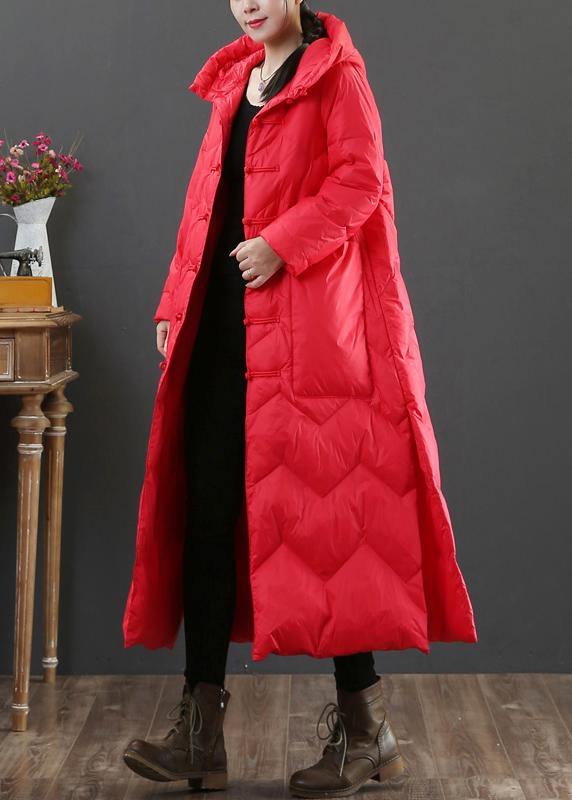 women plus size winter outwear red hooded Chinese Button duck down coat - SooLinen