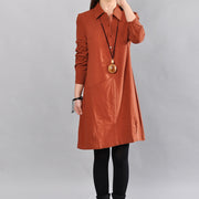 women red cotton dress casual linen dress fine big pockets long sleeve cotton shirt clothing