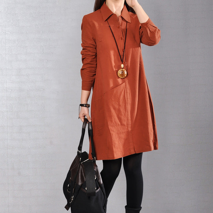 women red cotton dress casual linen dress fine big pockets long sleeve cotton shirt clothing