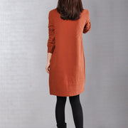 women red cotton dress casual linen dress fine big pockets long sleeve cotton shirt clothing