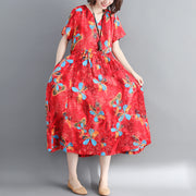 women red long cotton linen dress casual print Cinched long cotton dresses Fine drawstring v neck cotton linen clothing dress