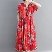 women red long cotton linen dress casual print Cinched long cotton dresses Fine drawstring v neck cotton linen clothing dress