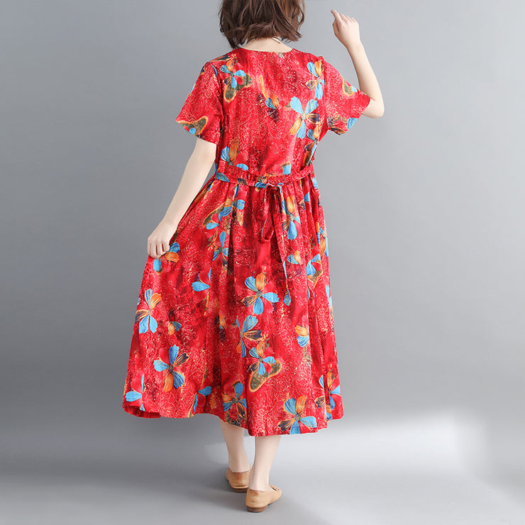 women red long cotton linen dress casual print Cinched long cotton dresses Fine drawstring v neck cotton linen clothing dress