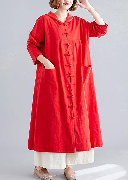 women red overcoat plus size hooded coats pockets Chinese Button coats - SooLinen