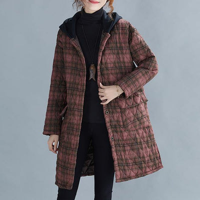 women red plaid coat plus size Coats hooded pockets overcoat - SooLinen