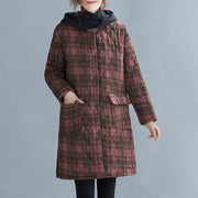 women red plaid coat plus size Coats hooded pockets overcoat - SooLinen