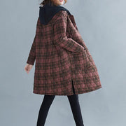 women red plaid coat plus size Coats hooded pockets overcoat - SooLinen