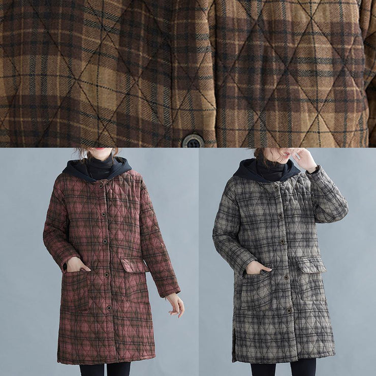 women red plaid coat plus size Coats hooded pockets overcoat - SooLinen