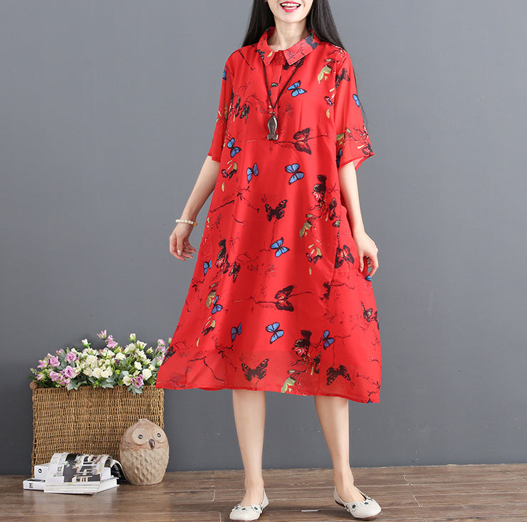 Frauen rotes Sommerkleid Umlegekragen Halbarm Cocktailkleid Druck Baggy Kleider Chiffon Sommerkleid