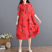 Frauen rotes Sommerkleid Umlegekragen Halbarm Cocktailkleid Druck Baggy Kleider Chiffon Sommerkleid