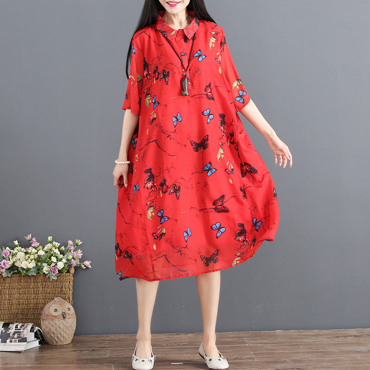 women red summer dress turn down collar Half sleeve cocktail dress print baggy dresses chiffon sundress