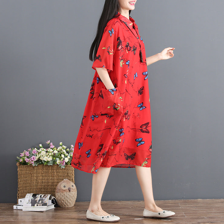 women red summer dress turn down collar Half sleeve cocktail dress print baggy dresses chiffon sundress