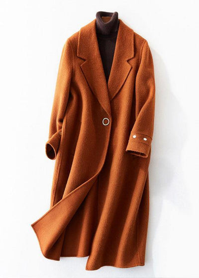 women trendy plus size medium length jackets coat brown lapel collar Woolen Coats - SooLinen