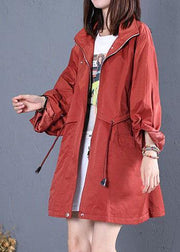 women trendy plus size mid-length coats fall red drawstring Coats - SooLinen