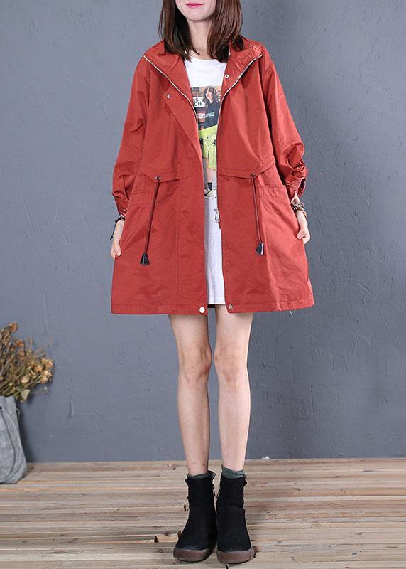 women trendy plus size mid-length coats fall red drawstring Coats - SooLinen