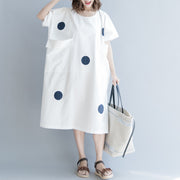 women white dotted cotton shift dress oversize shirt dress New short sleeve O neck baggy dresses natural cotton dress