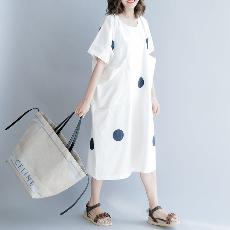 women white dotted cotton shift dress oversize shirt dress New short sleeve O neck baggy dresses natural cotton dress