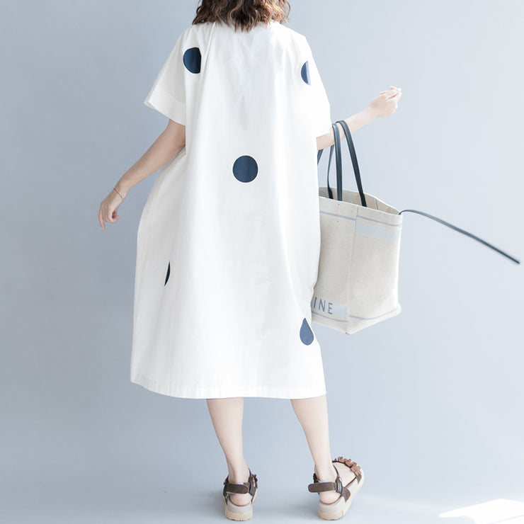 women white dotted cotton shift dress oversize shirt dress New short sleeve O neck baggy dresses natural cotton dress